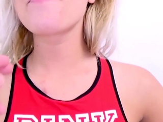 Charismatic blonde sucks cock with lust in studio