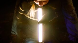 Deepthroating light wand  gagging on cock under the stars