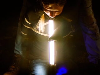 Deepthroating light wand  gagging on cock under the stars