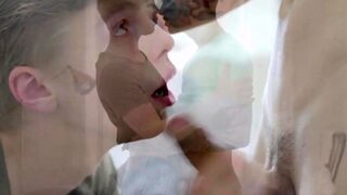 Handsome twink jerks out cumshot during bareback sex