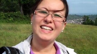 Naughty brunette gf Audrey Marshall blows big stick