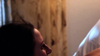 Busty curly brunette with big boobs fucks on couch