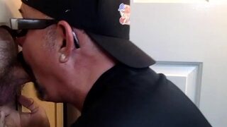Mature DILF giving gloryhole blowjob until getting jizzed